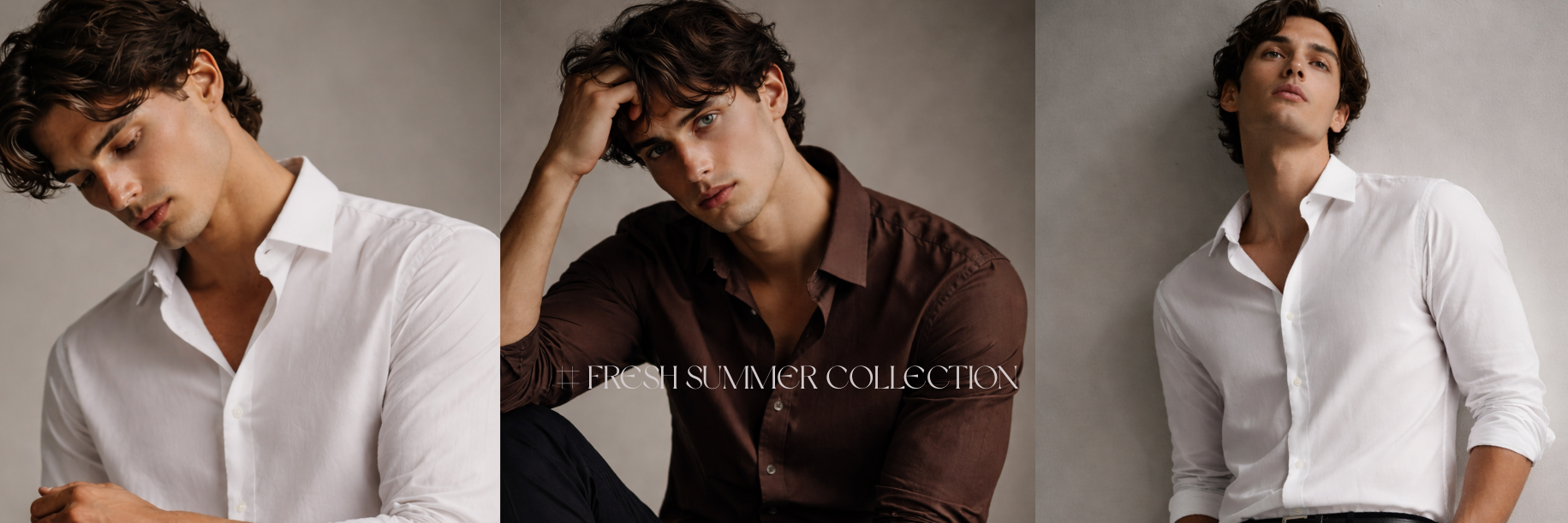 Three poses of
 a person wearing different shirts against a neutral background